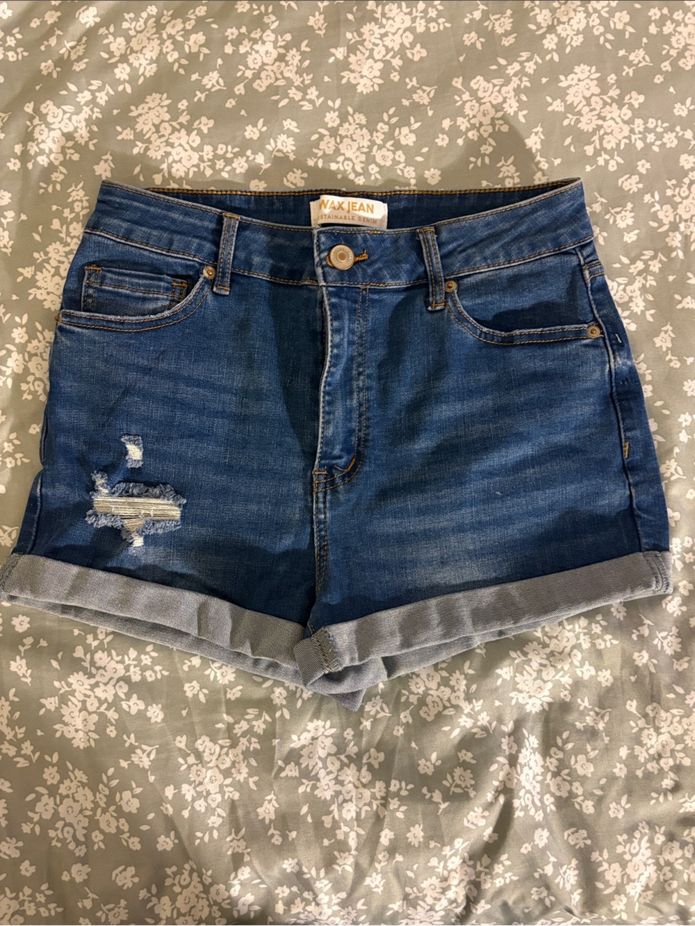Wax Jean Blue Rolled-Hem Distressed Denim Shorts